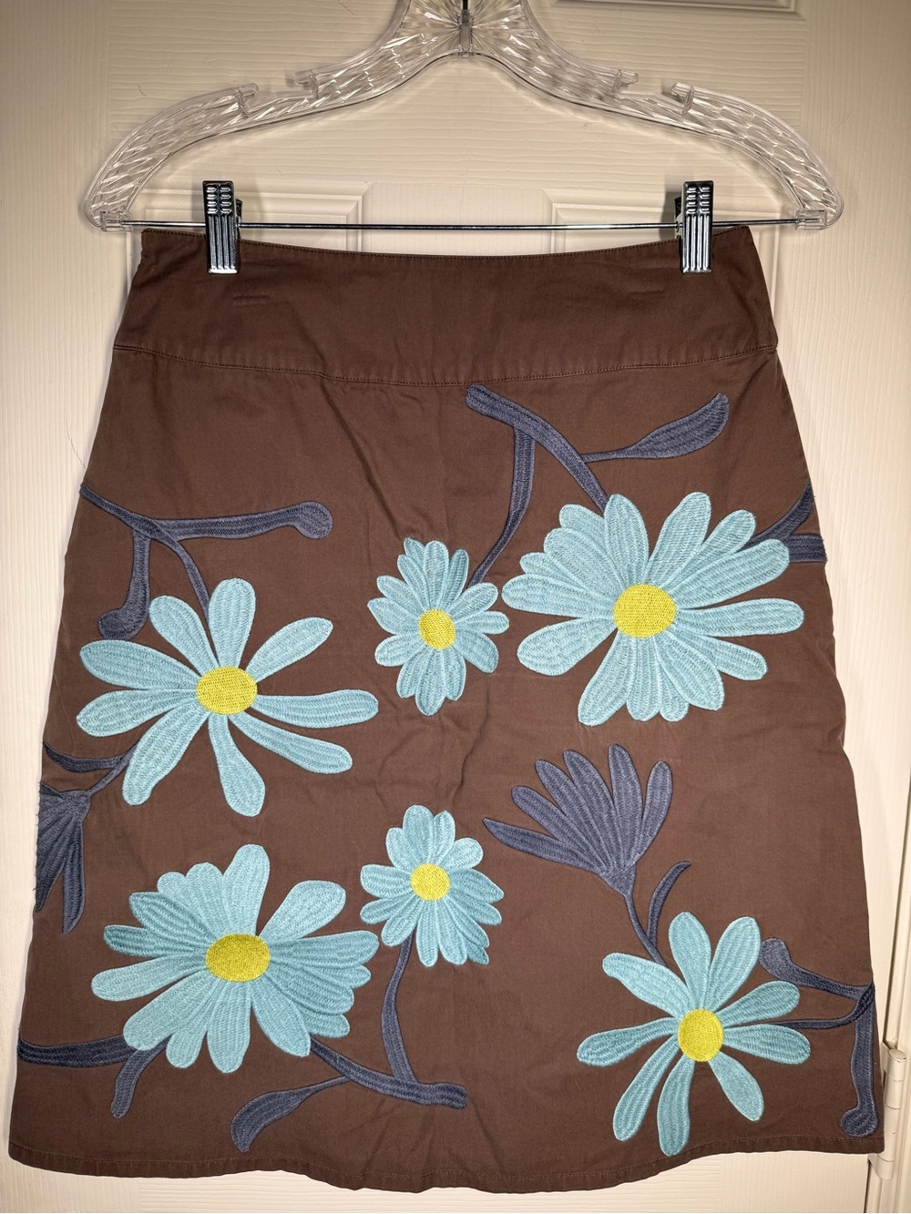 Boden Brown Cotton Floral Embroidered A-Line Skirt with Aqua Daisies 27 Waist